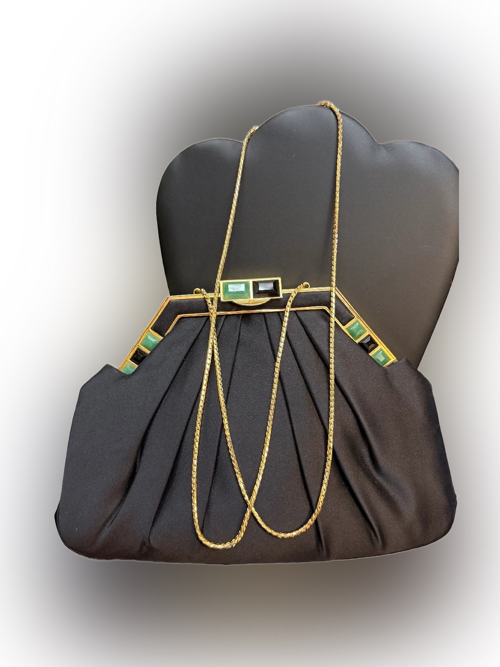 Judith Leiber Black Evening Bag with Gold Chain and Green and black gems stones